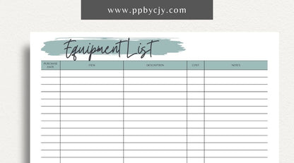 Equipment & Machine List Printable Template – Digital download for tracking and organizing machinery, maintenance schedules, and equipment inventory