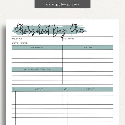 Photoshoot Day Plan Printable Template – Digital download for organizing and planning photography sessions, shoot day schedules, and equipment lists