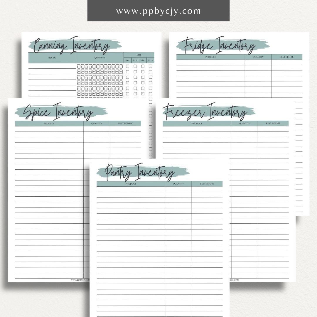 Kitchen Inventory Bundle Printable Template – Digital download featuring a collection of tools for organizing and managing your kitchen inventory, including pantry, refrigerator, and freezer.