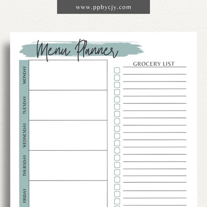 Weekly Meal Planner Printable Template – Digital download for organizing and planning meals for the week, including meal ideas, ingredients, and grocery lists