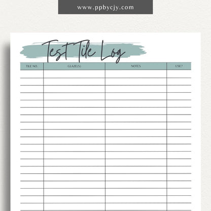 Pottery Test Tile Log Printable Template – Digital download for documenting and tracking ceramic glaze tests, including glaze types, temperatures, and observations