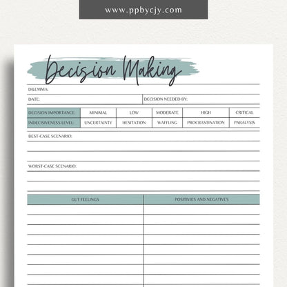 Decision-Making Sheet Printable Template – Digital download for evaluating options, listing pros and cons, and organizing thoughts for confident decision-making.