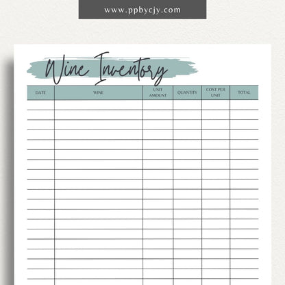 Wine Inventory Printable Template – Digital download for cataloging and managing your wine collection, including details like wine type, vintage, quantity, and storage location