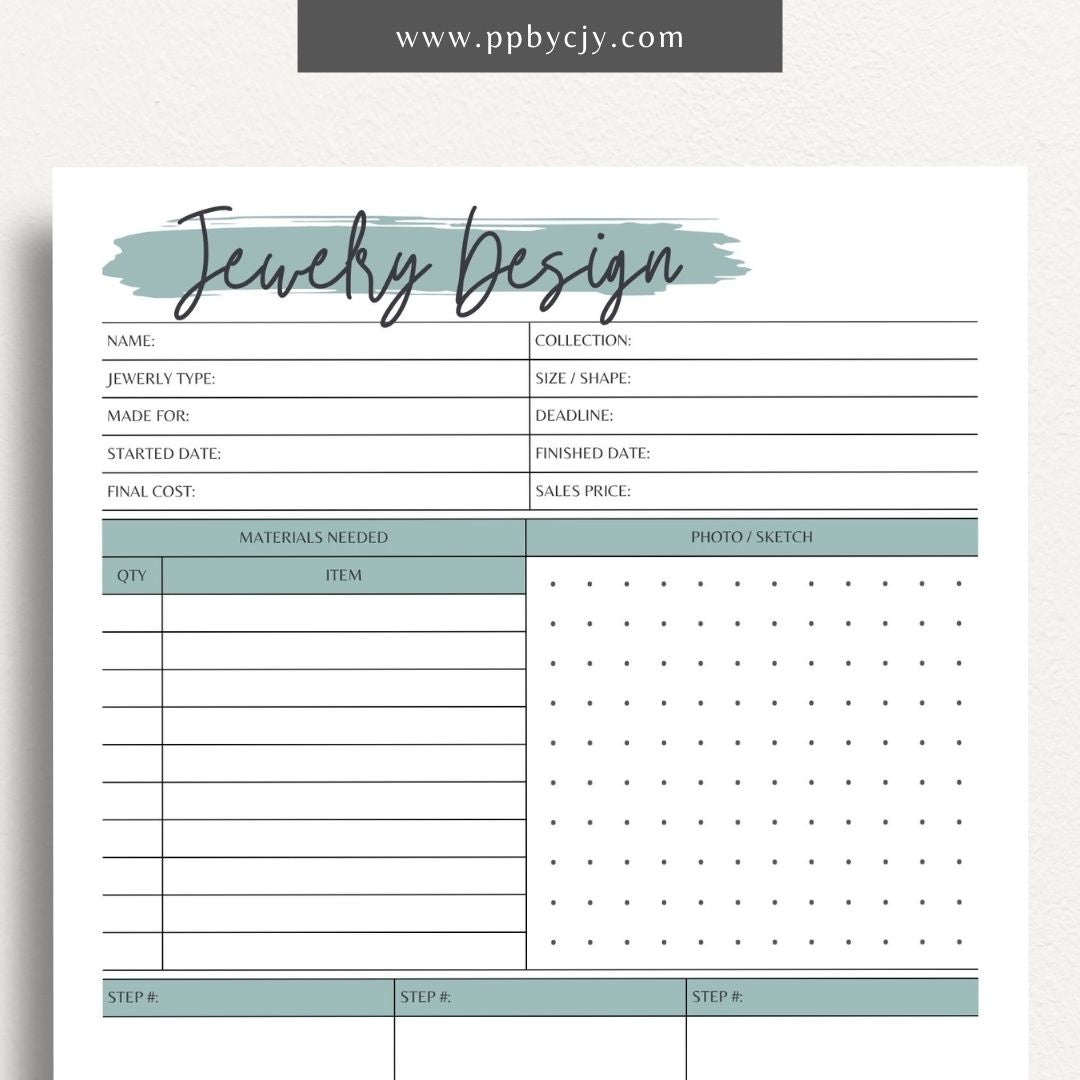 Jewelry Design Plan Printable Template – Digital download for organizing and planning jewelry designs with sections for sketches, materials, and measurements