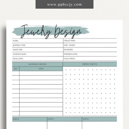 Jewelry Design Plan Printable Template – Digital download for organizing and planning jewelry designs with sections for sketches, materials, and measurements