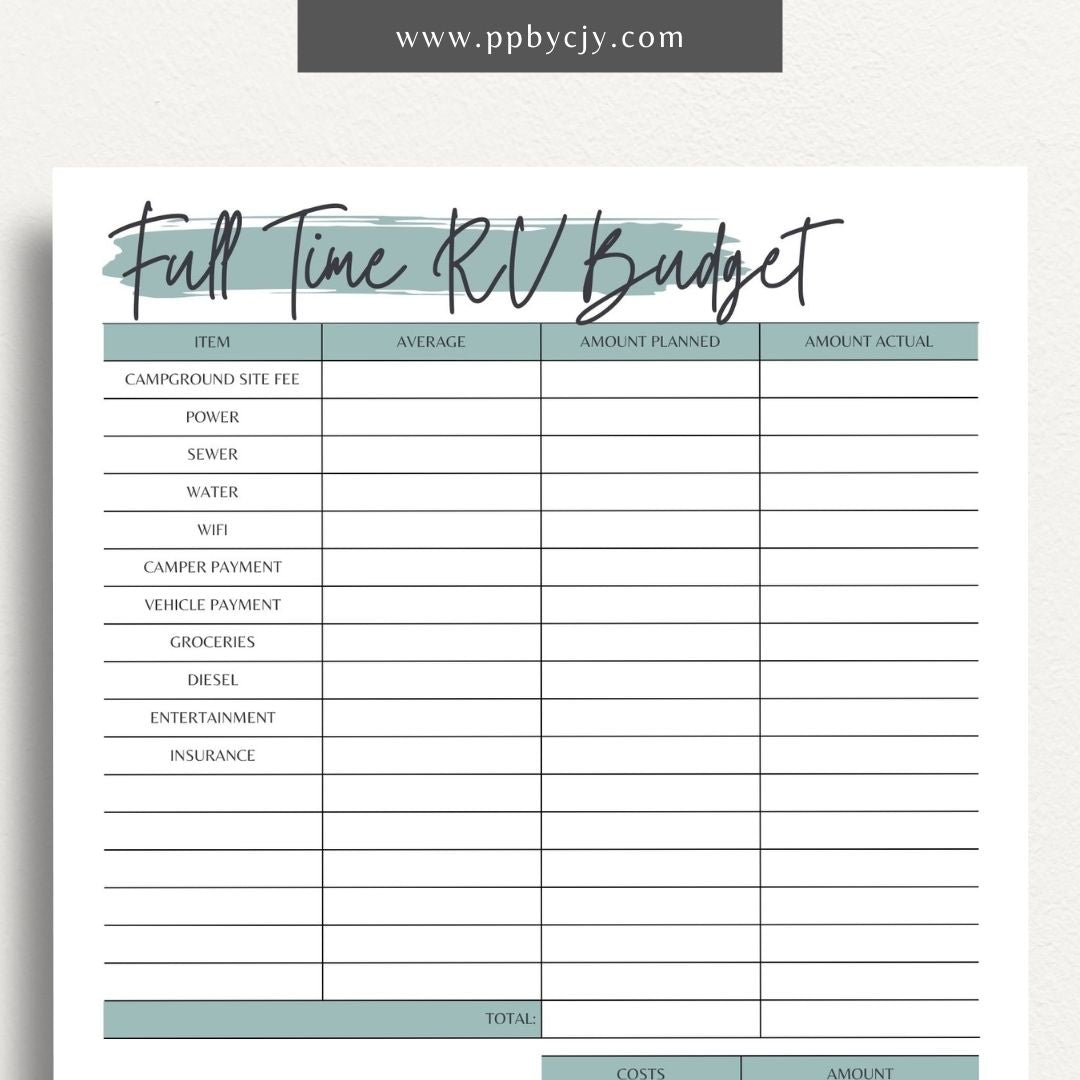 Full-Time RV Budget Printable Template – Digital download for planning and tracking expenses while living in an RV.