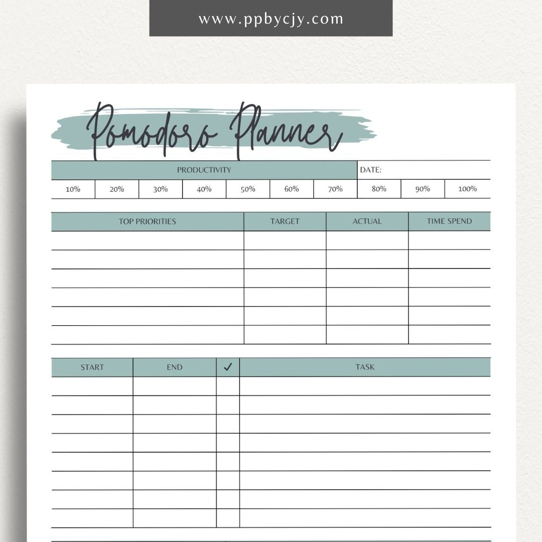 Pomodoro Planner Printable Template – Digital download for time management, productivity tracking, and focus improvement using the Pomodoro Technique.