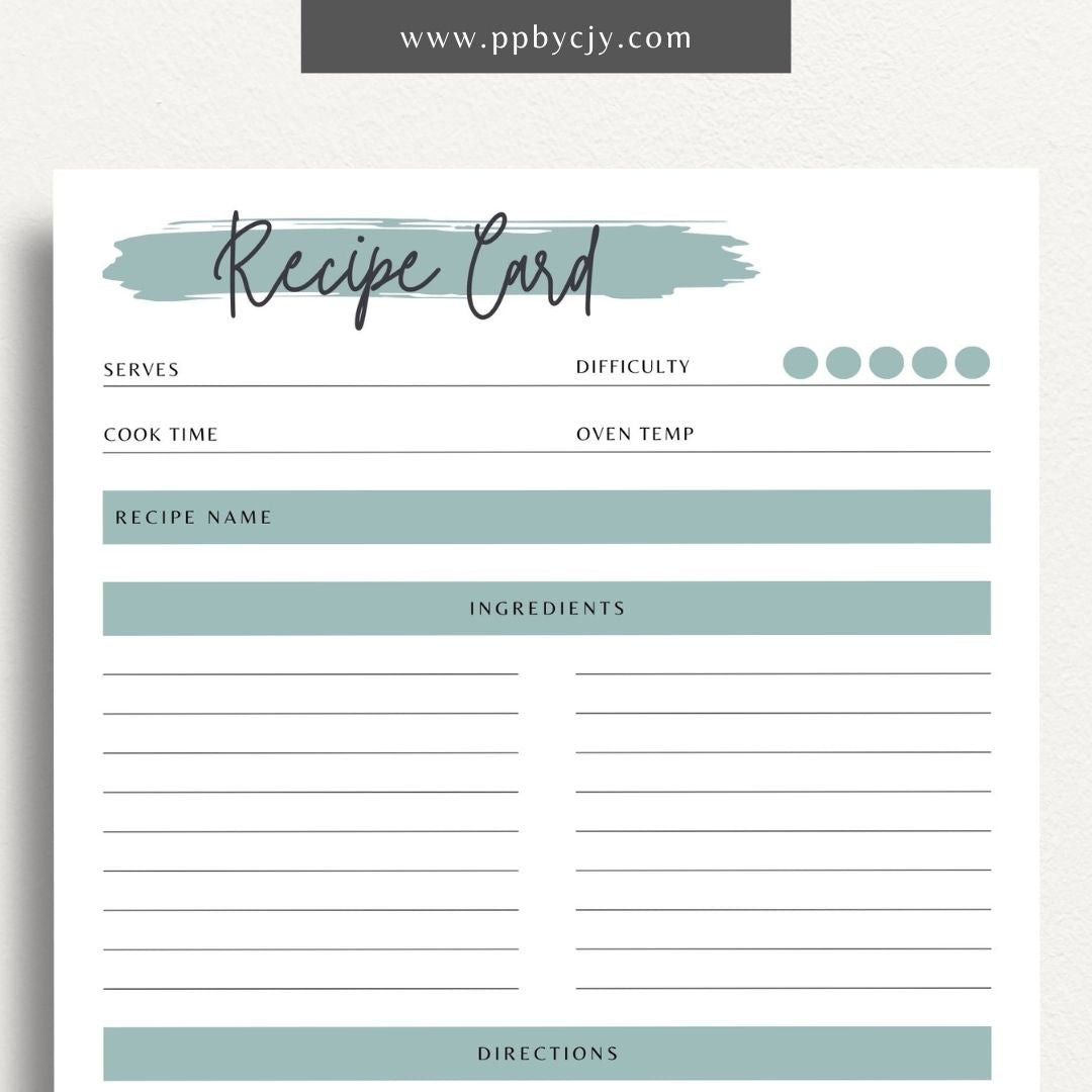 Recipe Card Printable Template – Digital download for organizing and documenting your favorite recipes and cooking instructions