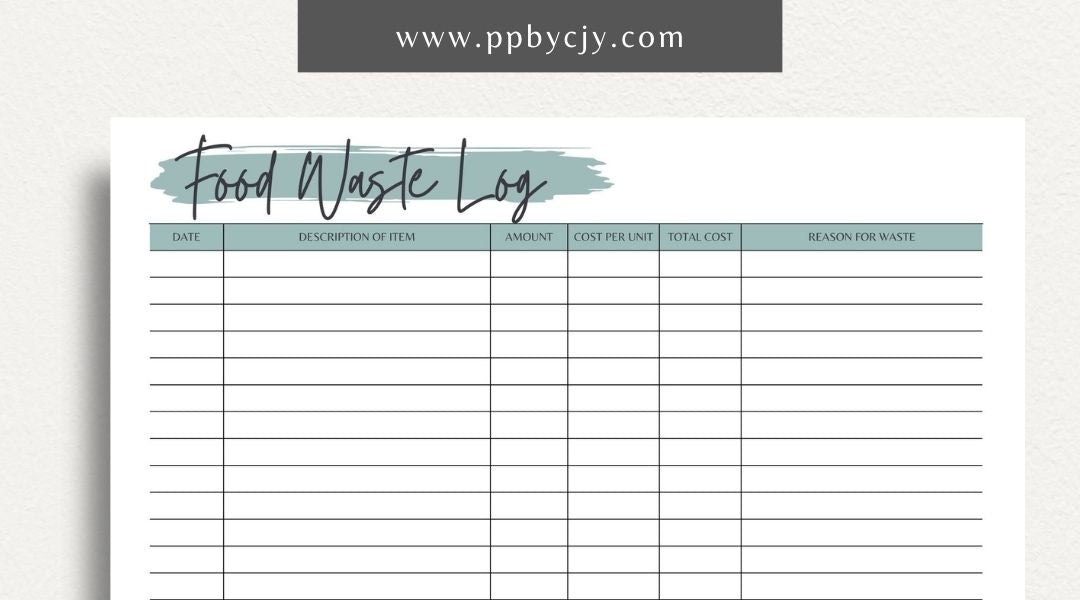 Restaurant Waste Log Printable Template – Digital download for tracking and managing waste in a restaurant, including types, quantities, and reasons for disposal