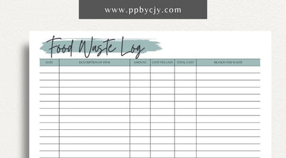 Restaurant Waste Log Printable Template – Digital download for tracking and managing waste in a restaurant, including types, quantities, and reasons for disposal