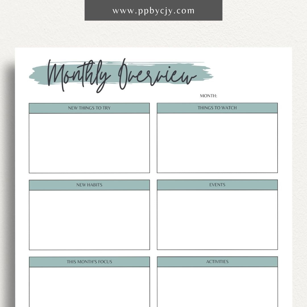 Monthly Overview Printable Template – Digital download for planning monthly schedules, setting goals, and organizing tasks.