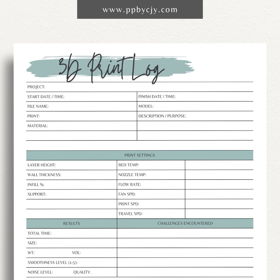 3D Print Log Printable Template – Digital Download for Tracking 3D Printing Projects and Details