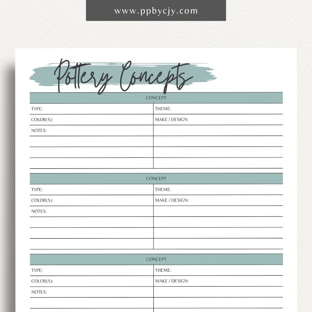 Pottery Concepts Printable Template – Digital download for planning and organizing ceramic design ideas, including sections for sketches, materials, and project tracking