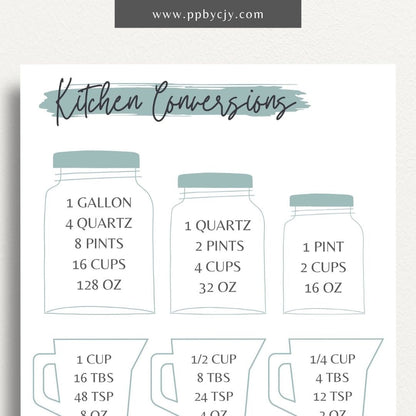 Recipe Ingredient Measurement Conversion Printable Template – Digital download for converting and referencing common ingredient measurements in recipes.