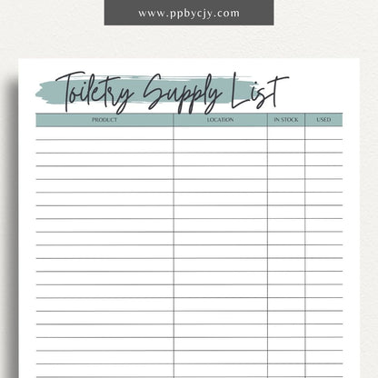 Toiletry Supply List Printable Template – Digital download for organizing and tracking bathroom essentials, personal care items, and travel packing