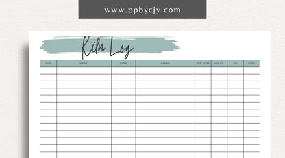 Kiln Log Printable Template – Digital download for tracking ceramic kiln operations, including firing schedules, temperatures, and kiln performance