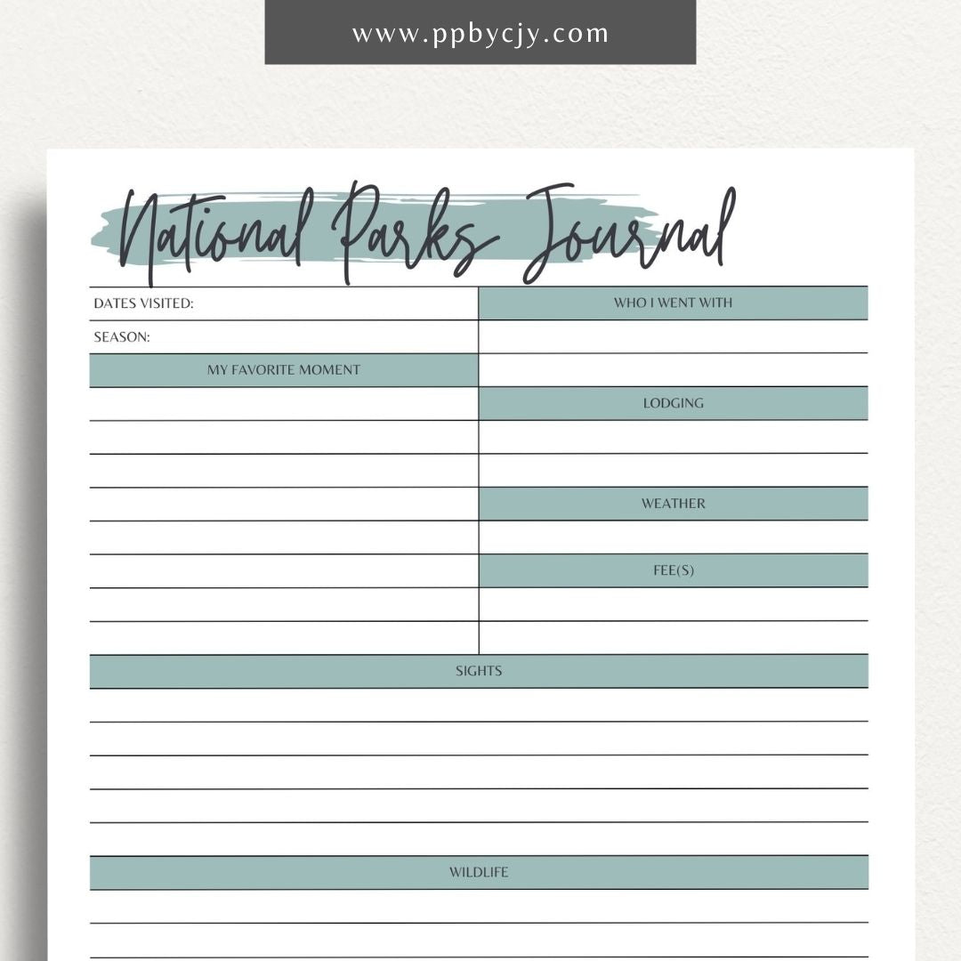 National Park Journal Printable Template – Digital download for tracking national park visits, hikes, wildlife, and more.