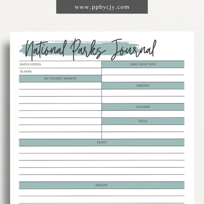 National Park Journal Printable Template – Digital download for tracking national park visits, hikes, wildlife, and more.