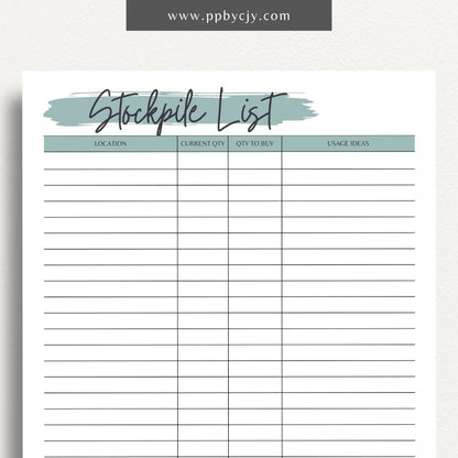 Stockpile List Printable Template – Digital download for tracking and organizing emergency supplies, food, water, and essentials inventory