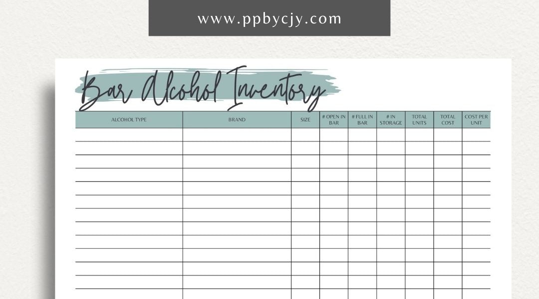 Alcohol Inventory Printable Template – Digital Download for Tracking and Managing Alcohol Stock