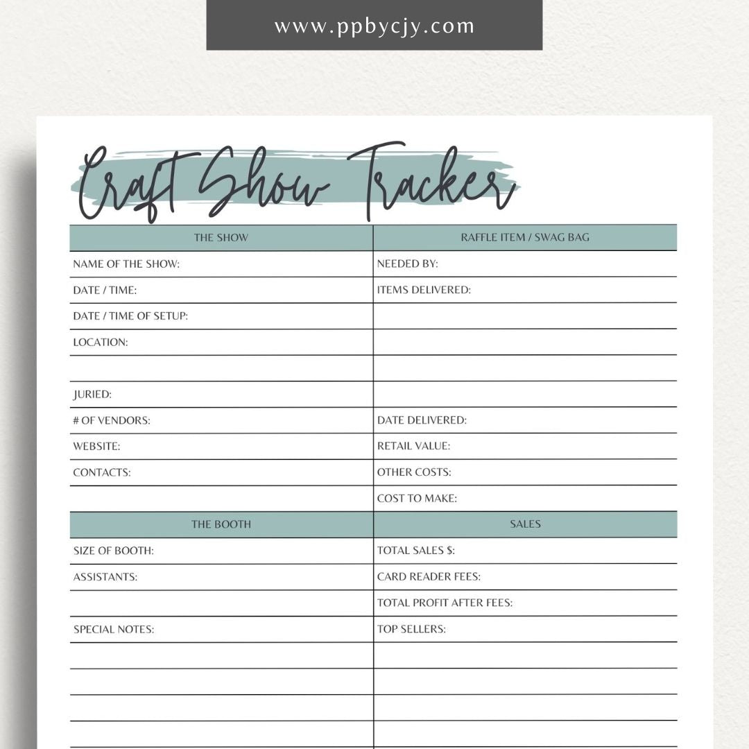 Craft Fair Tracker Printable Template – Digital Download for Organizing and Monitoring Craft Fair Details, Sales, and Inventory