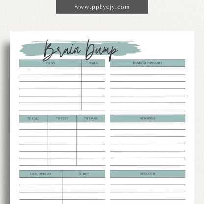 Brain Dump Worksheet Printable – Digital download for organizing thoughts, ideas, and tasks to achieve mental clarity.