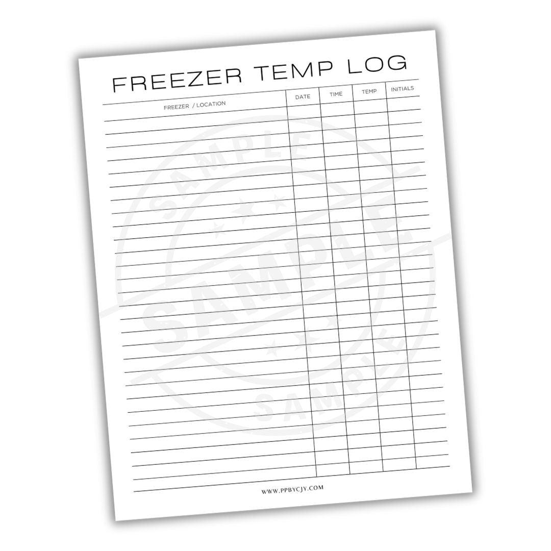Freezer temp log sheet with columns for freezer location, date, time, details on a white background.