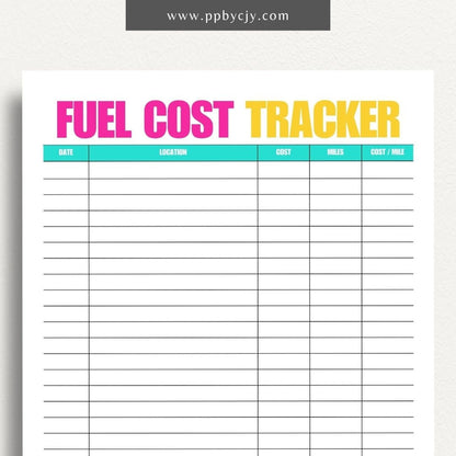 Fuel Cost Tracker Printable Template – Digital download for monitoring and managing fuel expenses and usage.