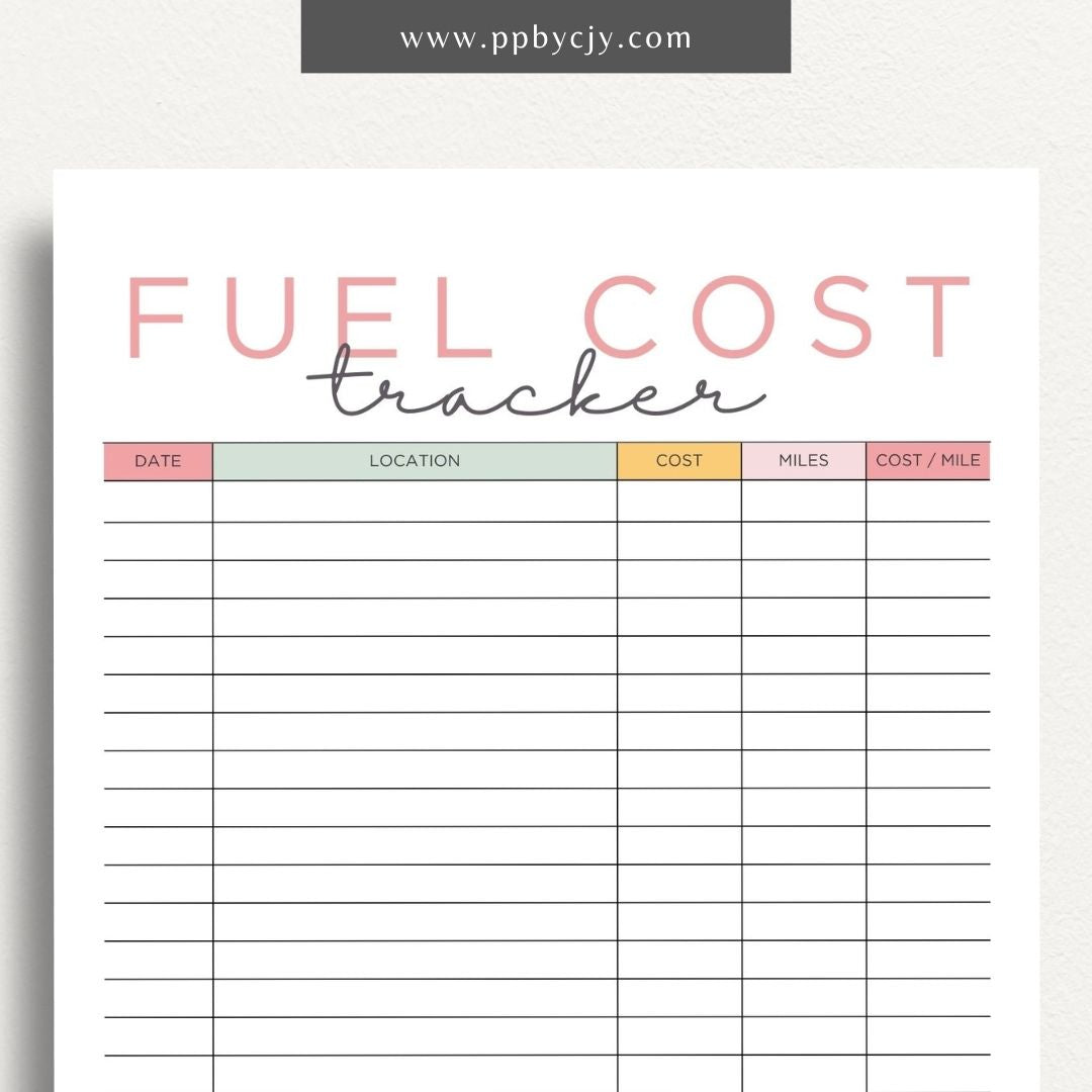 Fuel Cost Tracker Printable Template – Digital download for monitoring and managing fuel expenses and usage.