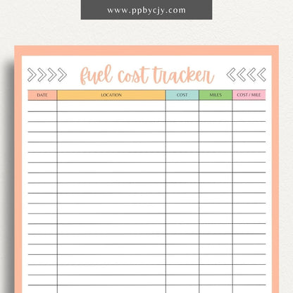 Fuel Cost Tracker Printable Template – Digital download for monitoring and managing fuel expenses and usage.