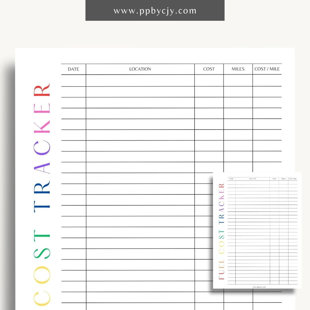 Fuel Cost Tracker Printable Template – Digital download for monitoring and managing fuel expenses and usage.