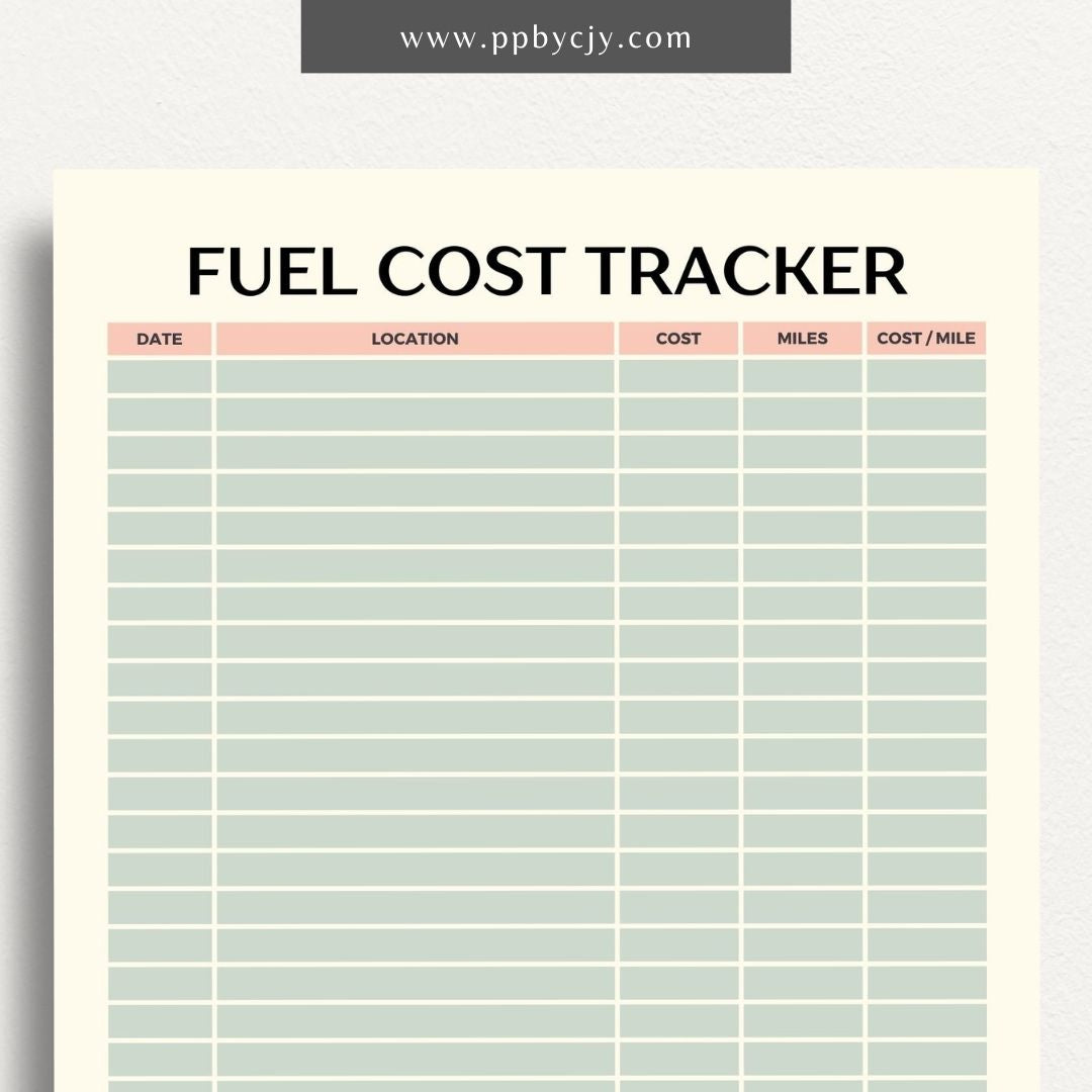 Fuel Cost Tracker Printable Template – Digital download for monitoring and managing fuel expenses and usage.