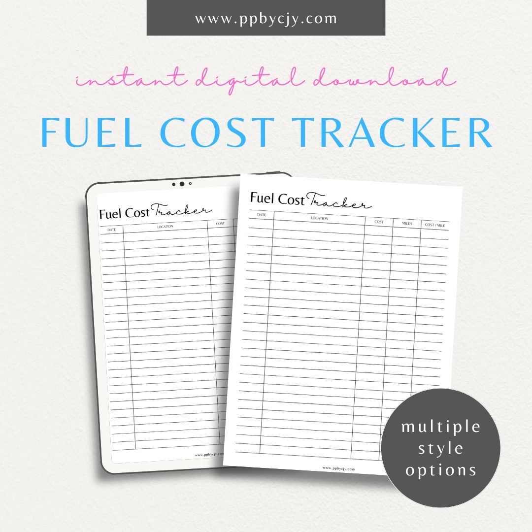 Fuel Cost Tracker Printable Template – Digital download for monitoring and managing fuel expenses and usage.