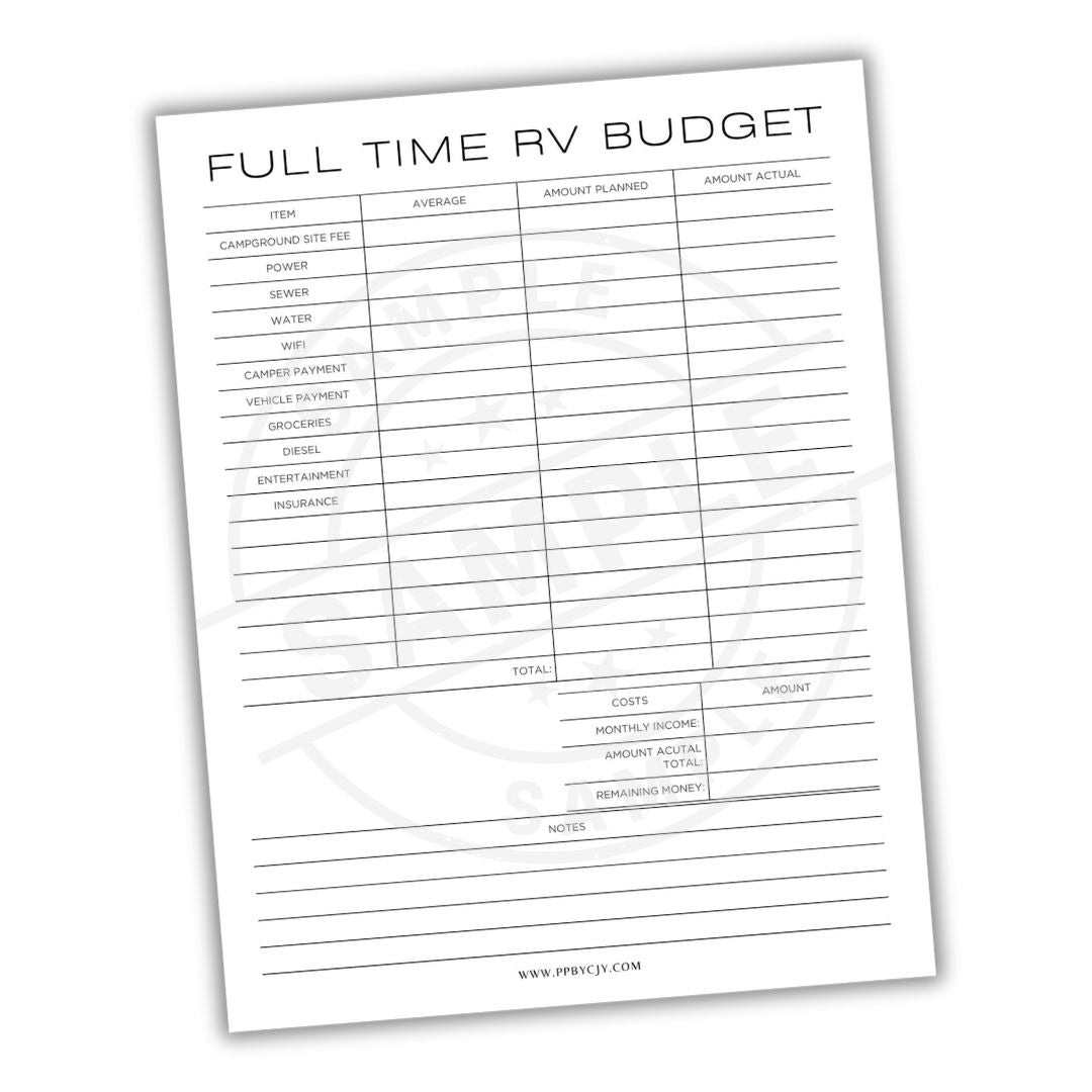 Full-time RV budget sheet on a white background