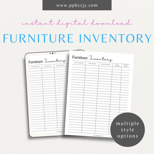 Furniture Home Inventory List Printable Template – Digital download for cataloging and managing your home furniture inventory.