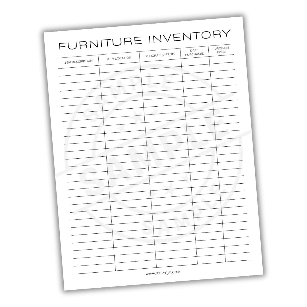 Furniture inventory sheet with columns for item description, location, purchased from, date, and price.