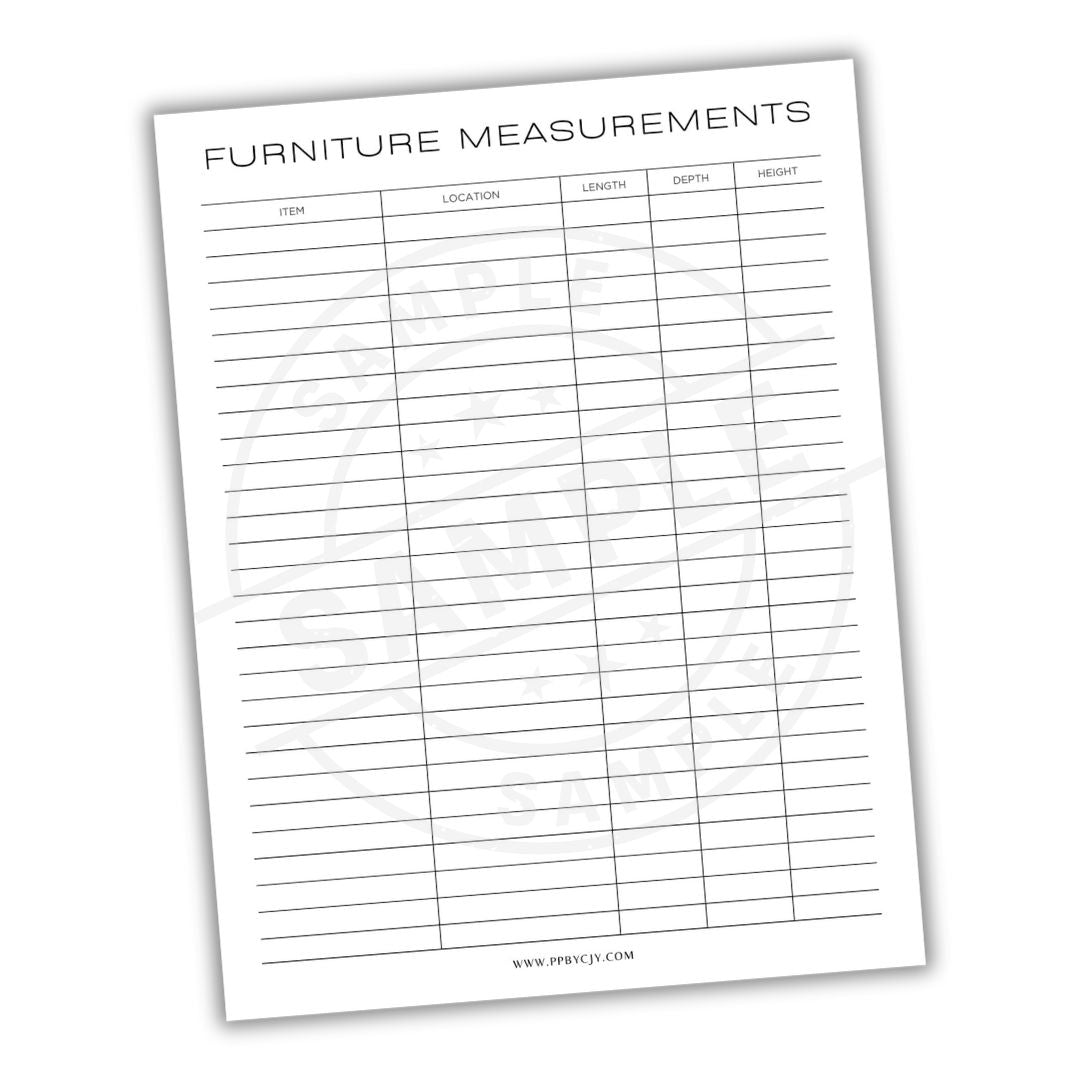 Sheet of paper with furniture measurements chart on a white background