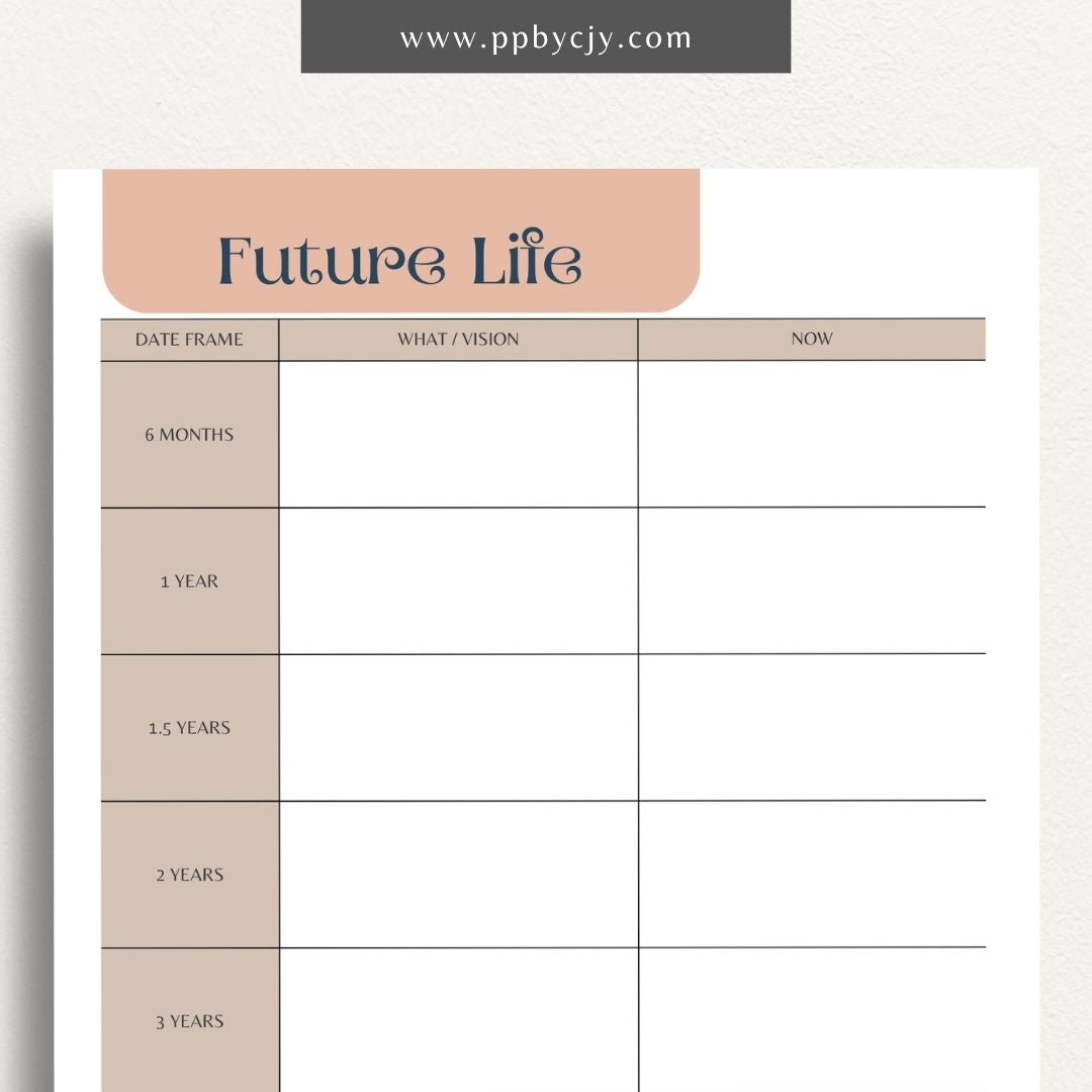 Future Life Yearly Goal Setting Printable Template – Digital download for planning and tracking annual goals and aspirations.