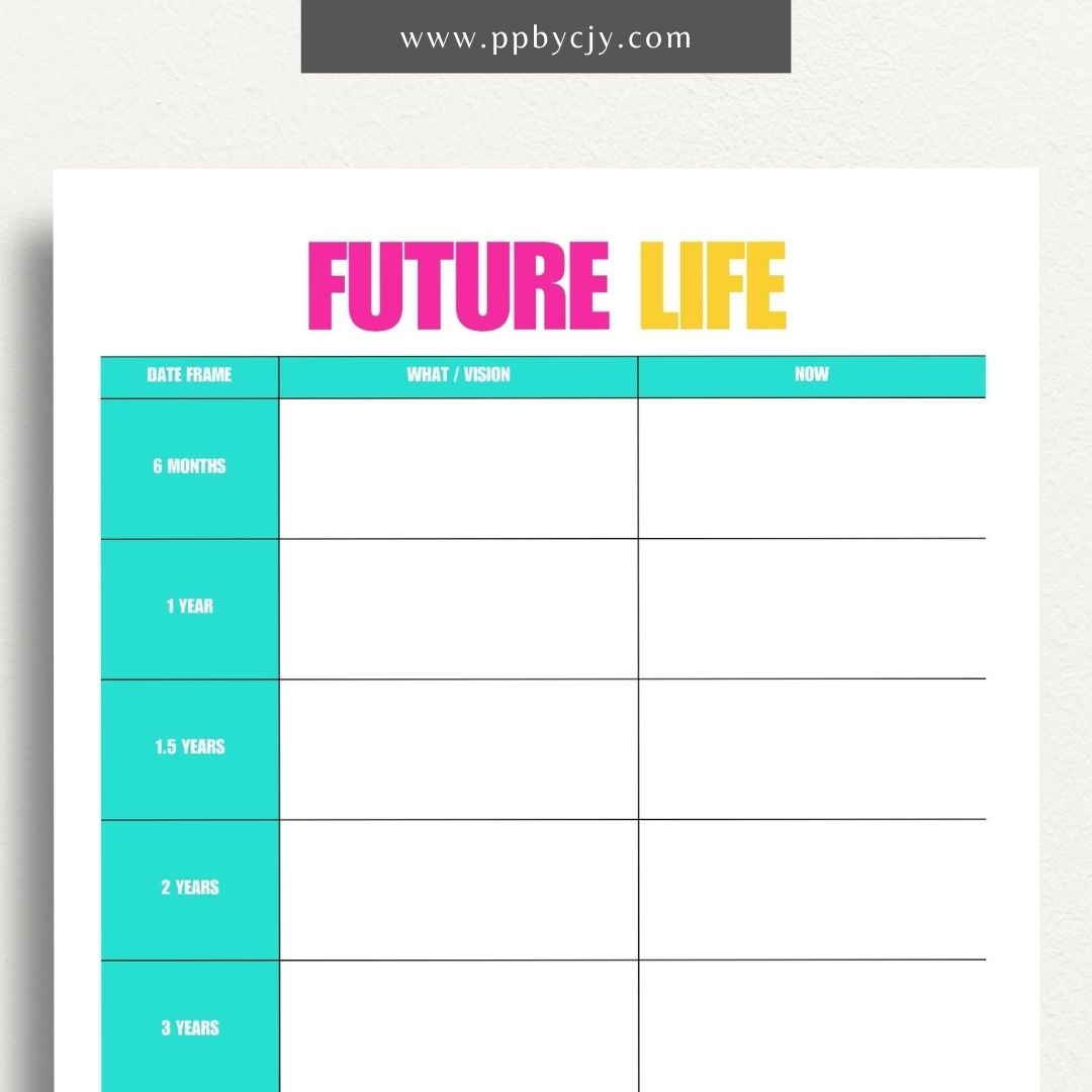 Future Life Yearly Goal Setting Printable Template – Digital download for planning and tracking annual goals and aspirations.