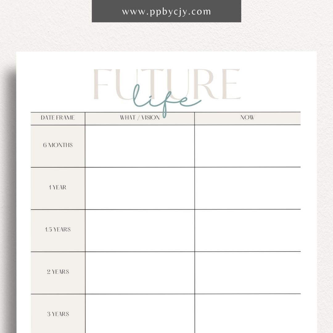 Future Life Yearly Goal Setting Printable Template – Digital download for planning and tracking annual goals and aspirations.