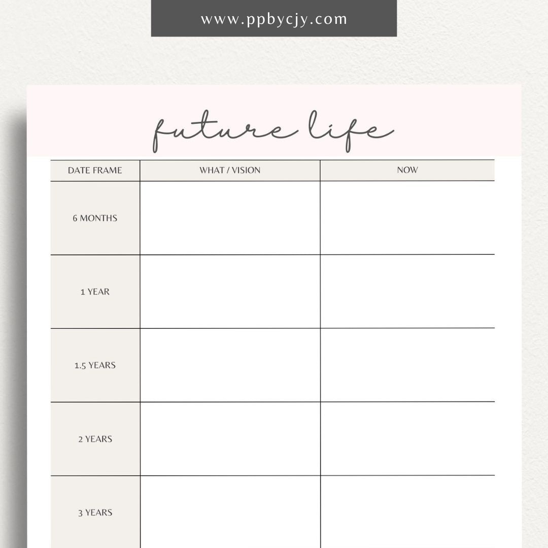 Future Life Yearly Goal Setting Printable Template – Digital download for planning and tracking annual goals and aspirations.