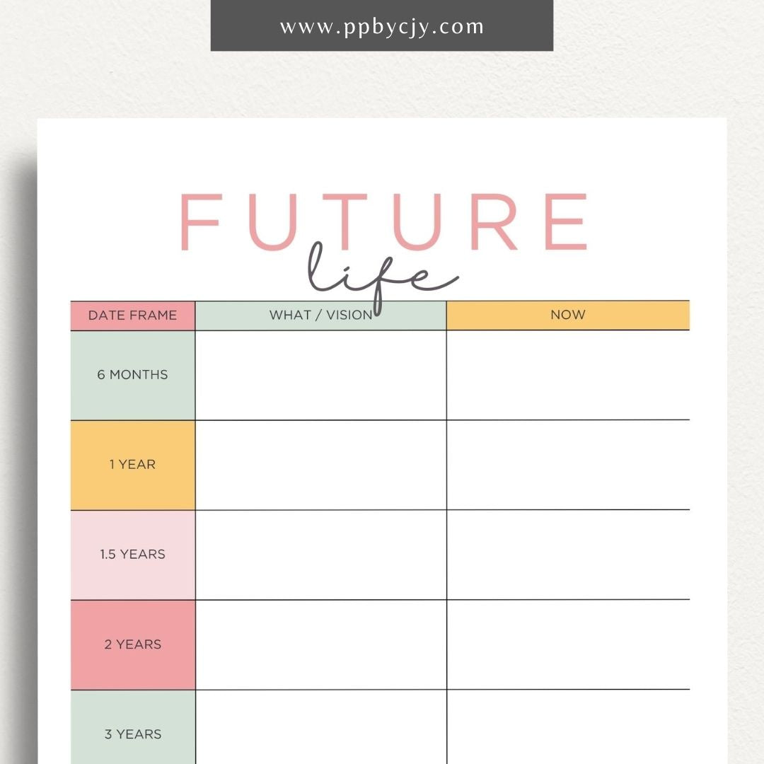 Future Life Yearly Goal Setting Printable Template – Digital download for planning and tracking annual goals and aspirations.