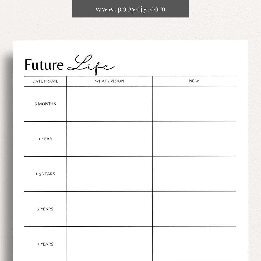 Future Life Yearly Goal Setting Printable Template – Digital download for planning and tracking annual goals and aspirations.