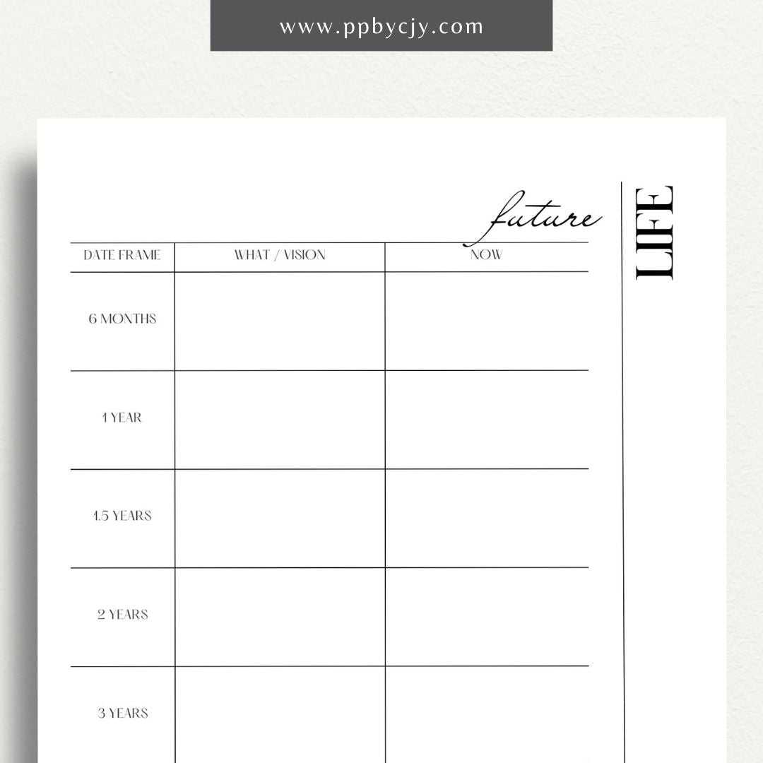 Future Life Yearly Goal Setting Printable Template – Digital download for planning and tracking annual goals and aspirations.