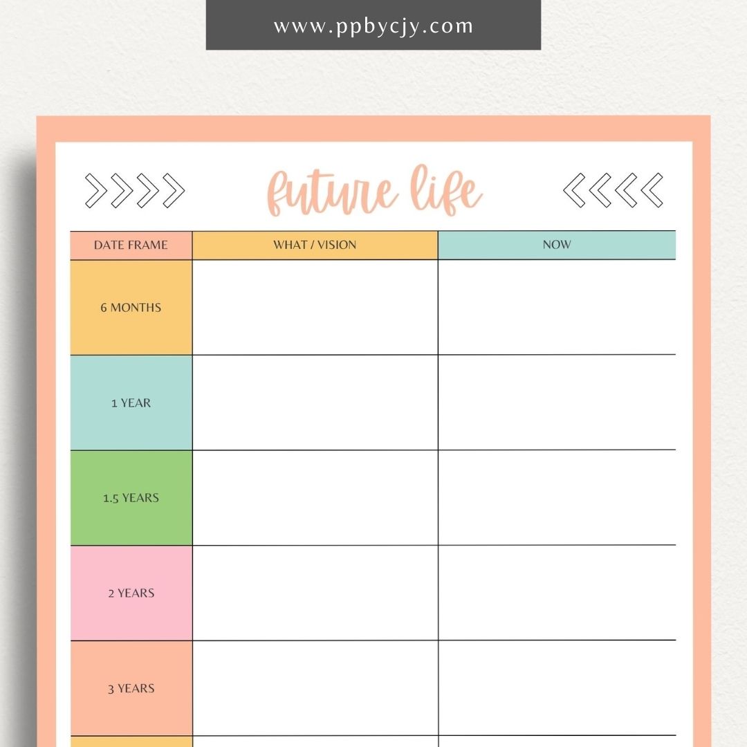 Future Life Yearly Goal Setting Printable Template – Digital download for planning and tracking annual goals and aspirations.