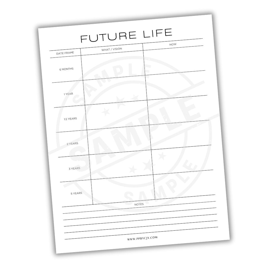 Sheet titled 'Future Life' with time frame and vision columns on a white background