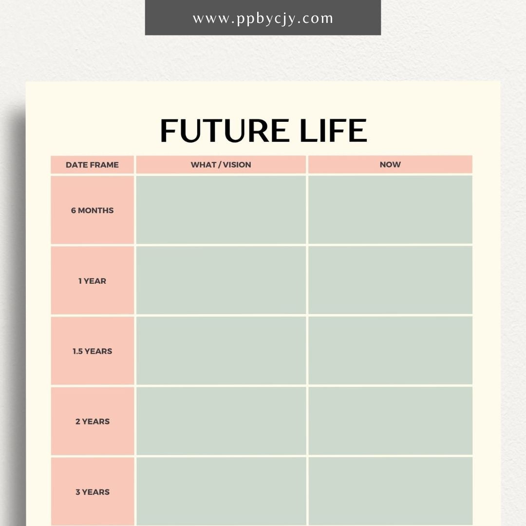 Future Life Yearly Goal Setting Printable Template – Digital download for planning and tracking annual goals and aspirations.