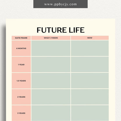 Future Life Yearly Goal Setting Printable Template – Digital download for planning and tracking annual goals and aspirations.