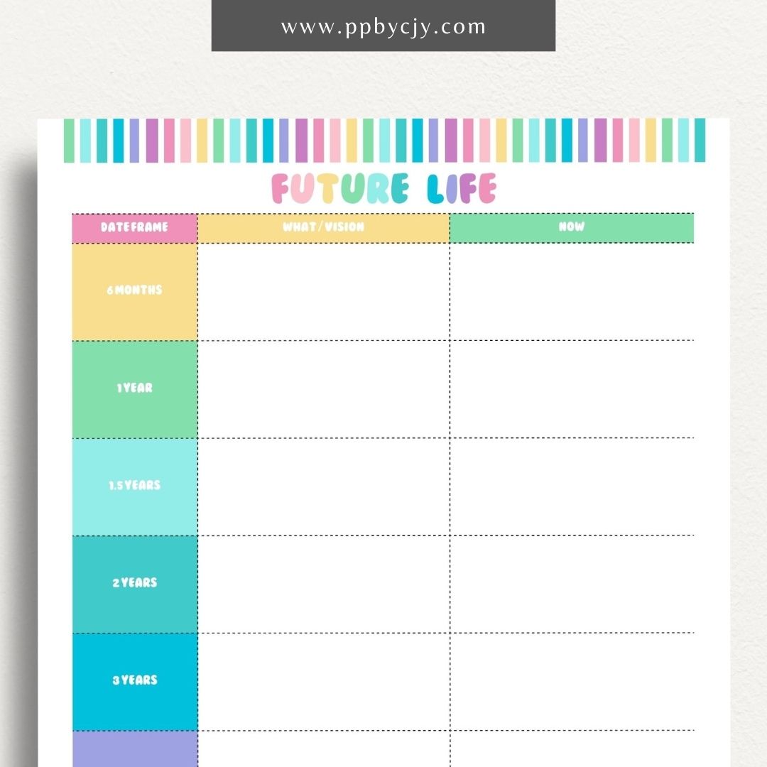 Future Life Yearly Goal Setting Printable Template – Digital download for planning and tracking annual goals and aspirations.