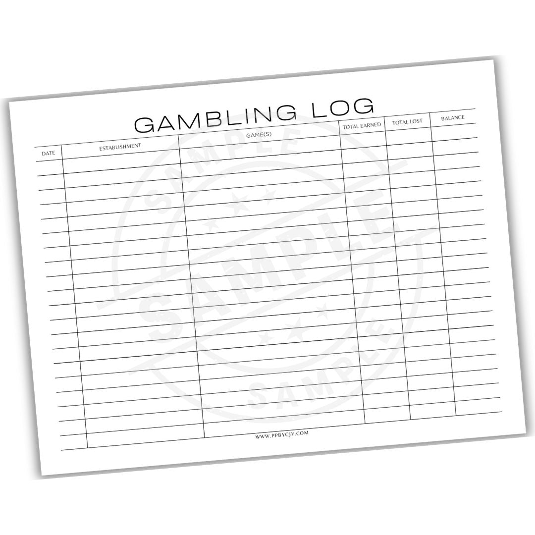 Gambling log sheet with columns for date, expenditure, income, balance, and total.